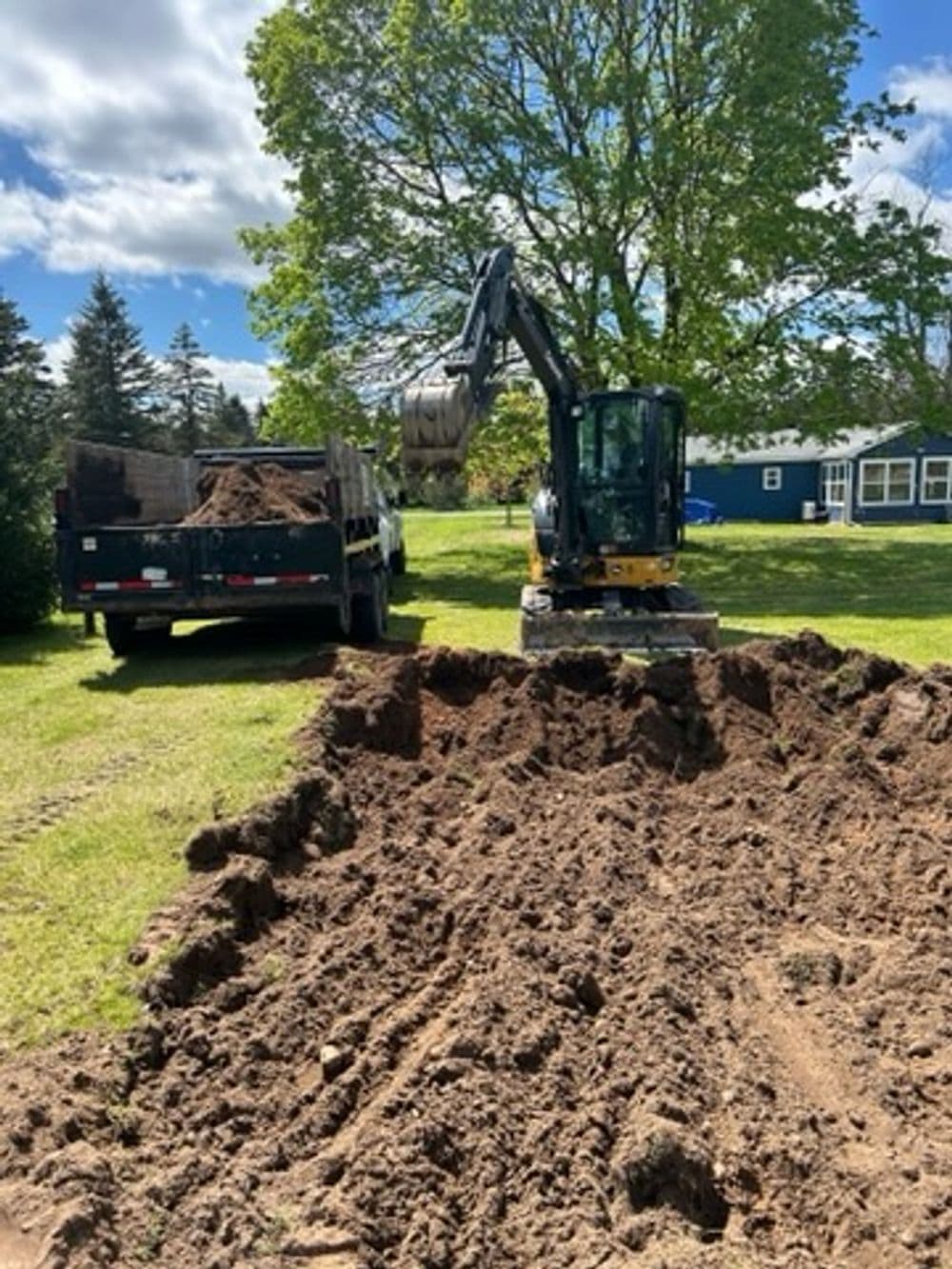 Excavator digging soil beside truck on sunny day in residential yard.